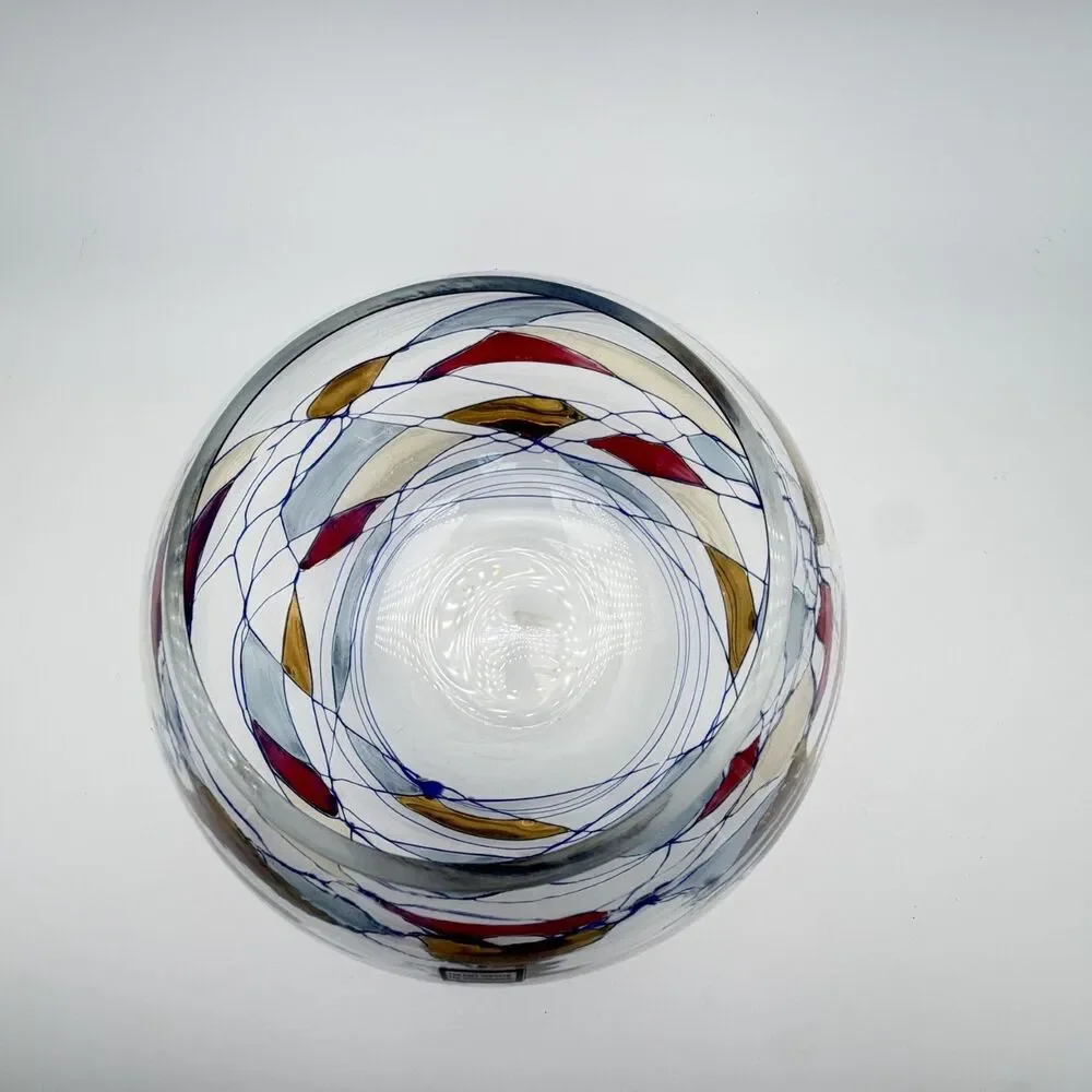 Romanian Mosaic Stained Glass Hand Blown Crystal Fish Bowl Round Vase Swirl 6”